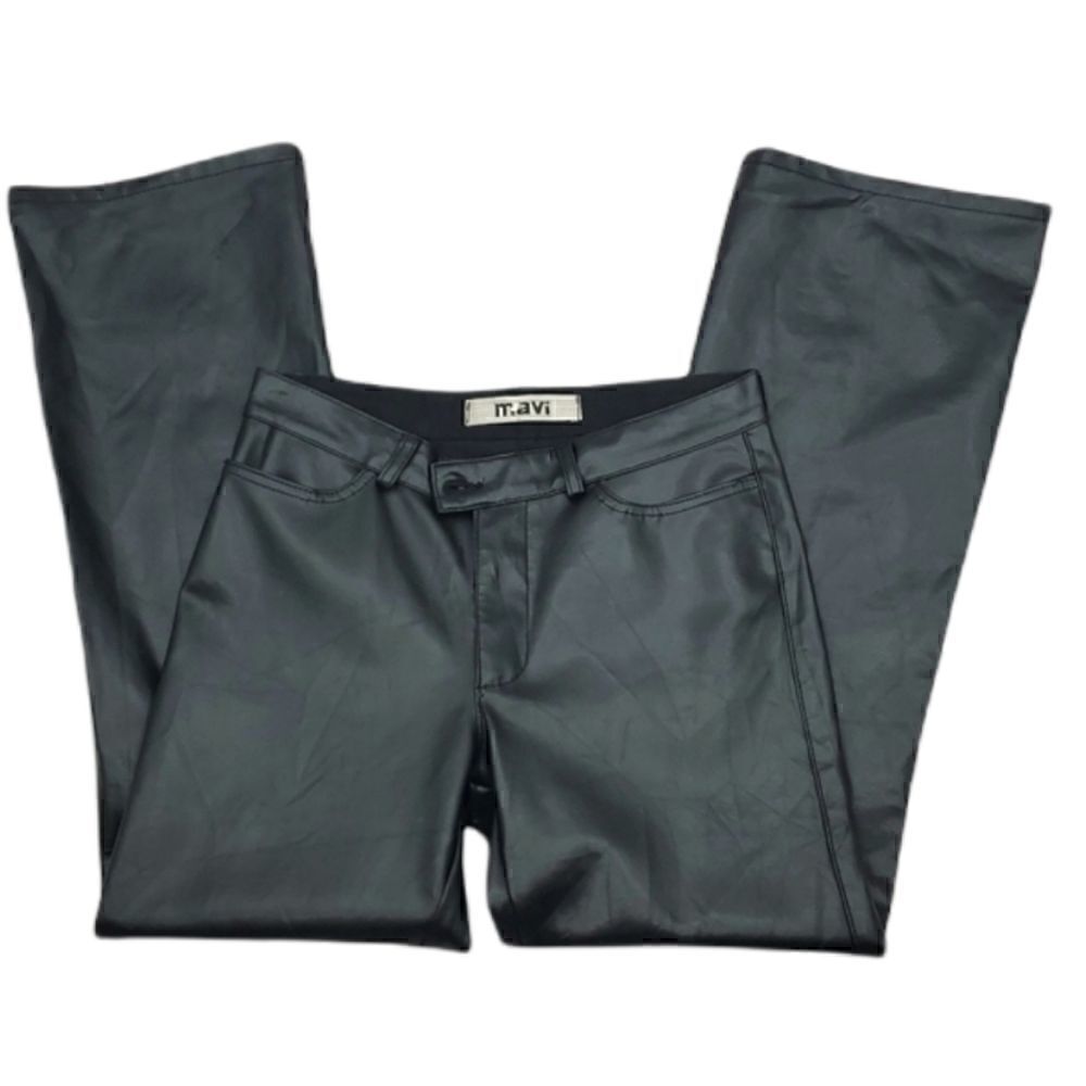 Mavi Chrissy Black Faux Leather Pants Boot Cut Leg, Front Pockets. Retro 31/30